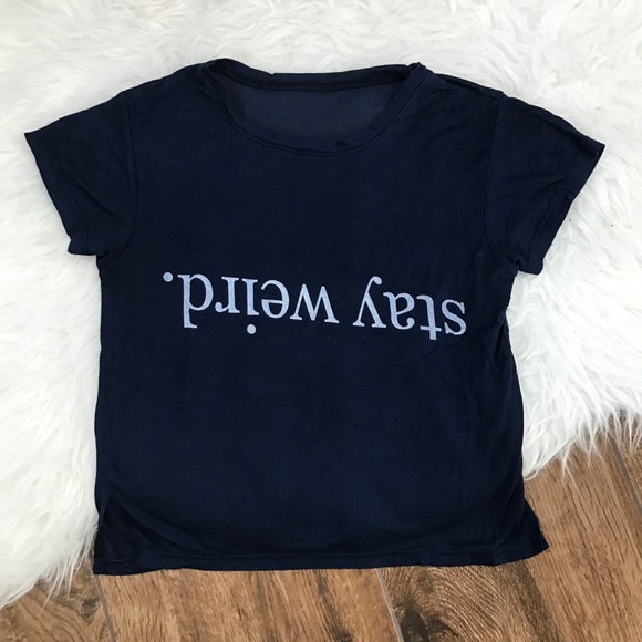 Brandy Melville • Navy Stay Weird Crop Tee Top - Picture 2 of 7